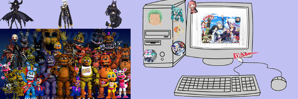 fnaf and the eminence of shadows characters, and a computer with anime stickers on it with a purple background